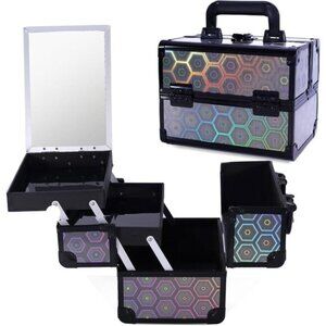 New Lightweight Dark Grey Makeup Train Case, Lockable Organizer with Mirror